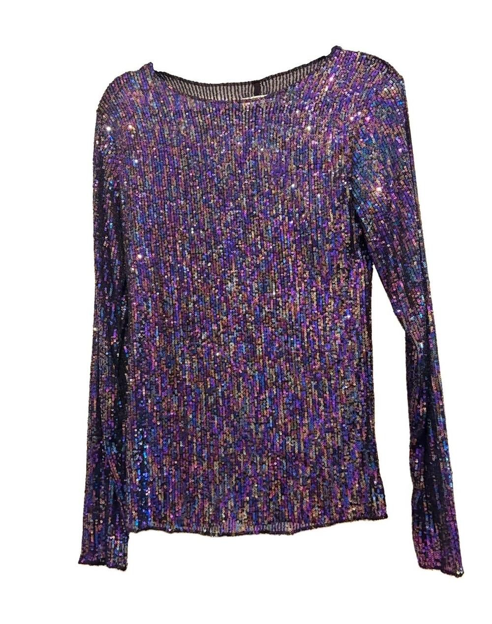 Free People Intimately NWOT Gold Rush Purple Sequin Mesh Fitted L/S Blouse Top M